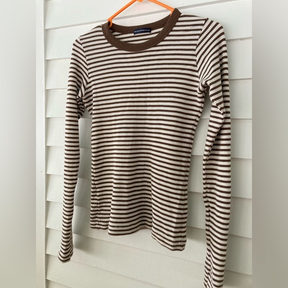 Brandy Melville | Brown & Cream Striped Waffle Knit Long Sleeve Top Size Medium - Picture 3 of 6
